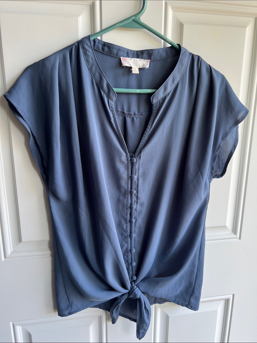 Pink Rose Slate Blue Tie-Hem Cap Sleeve Blouse S